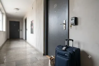 Hauseingang eines Mehrfamilienhauses in Köln mit Schlüsseltresor für Kurzzeitvermietung