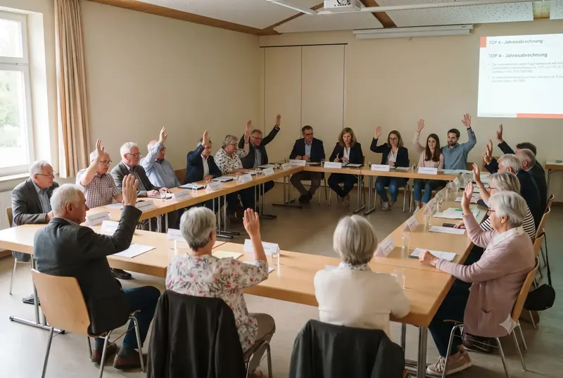 Abstimmung in einer Eigentümerversammlung einer WEG in Köln – Stimmkarten und Protokollbuch