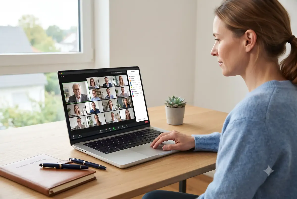 Digitale Eigentümerversammlung einer WEG per Videokonferenz mit Unterlagen am Schreibtisch