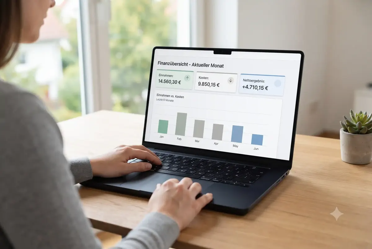 Digitale Eigentümerabrechnung mit Einnahmen, Ausgaben und Saldo auf einem Tablet