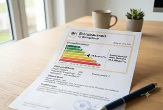 Energieausweis mit Effizienzskala vor einer Kölner Wohnimmobilie — Energieausweis-Pflicht 2026