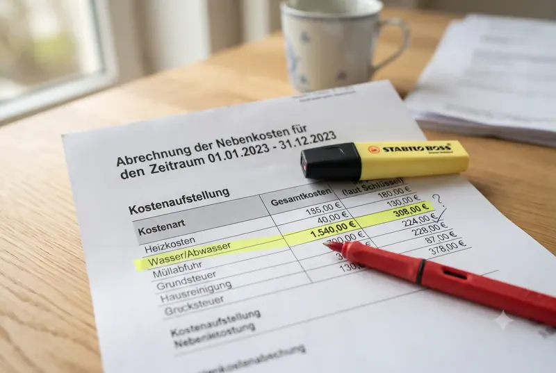 Nebenkostenabrechnung mit Unterlagen und Taschenrechner auf einem Schreibtisch