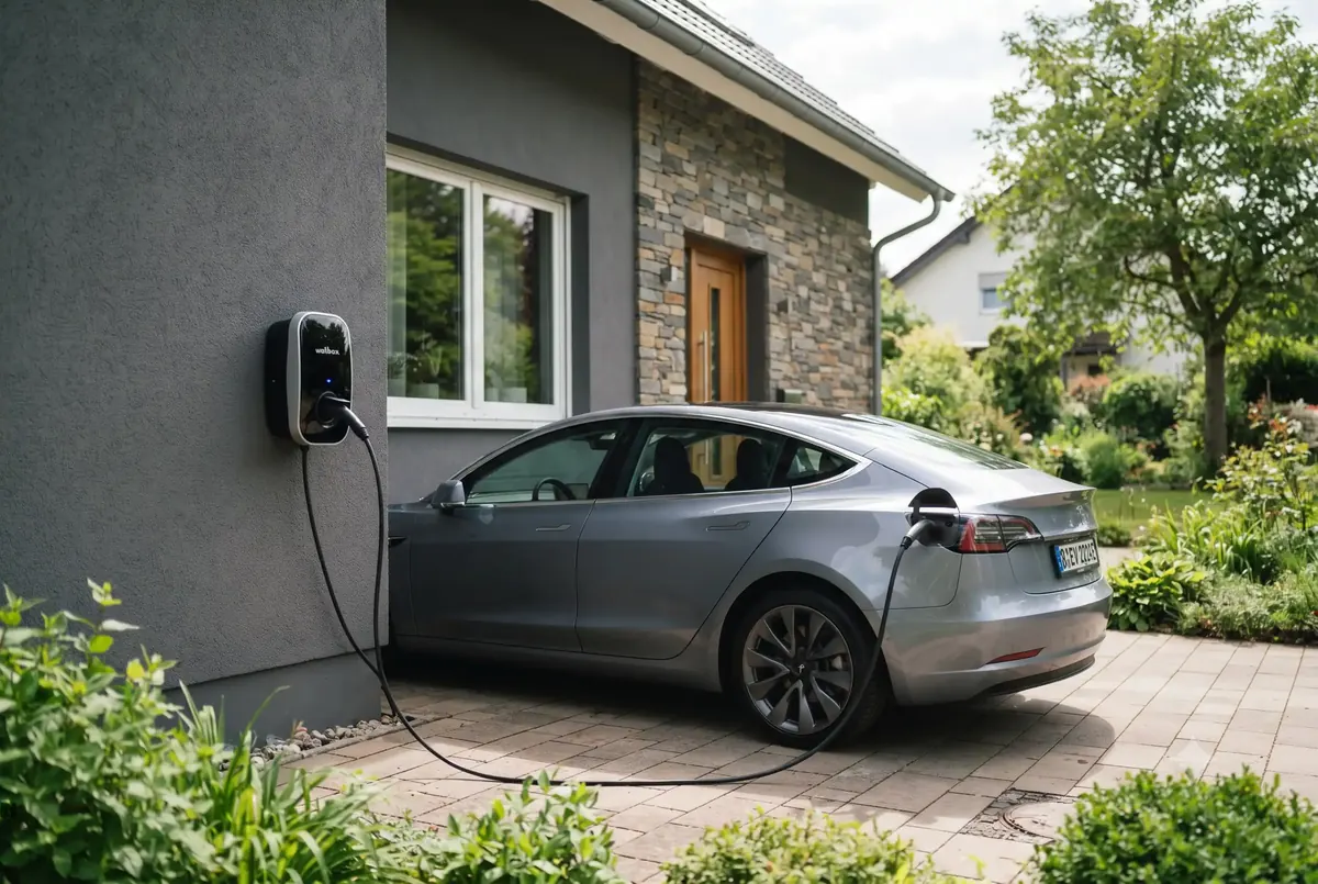 Elektroauto an Wallbox in Tiefgarage eines Mehrfamilienhauses — Wallbox WEG Köln
